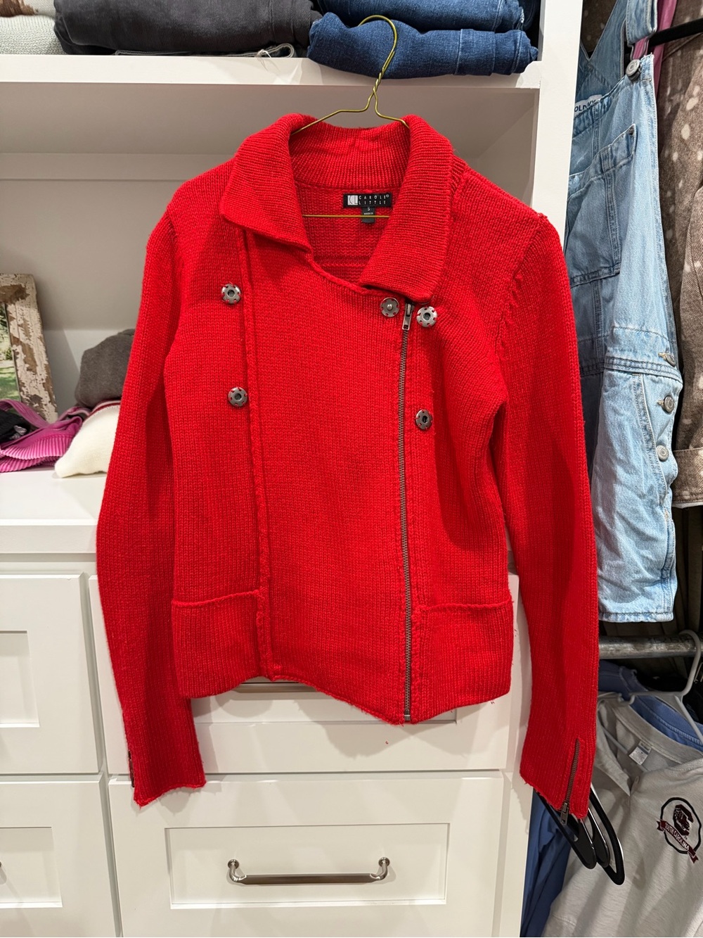 Carole Little Bright Red Knit Asymmetric Utility Jacket